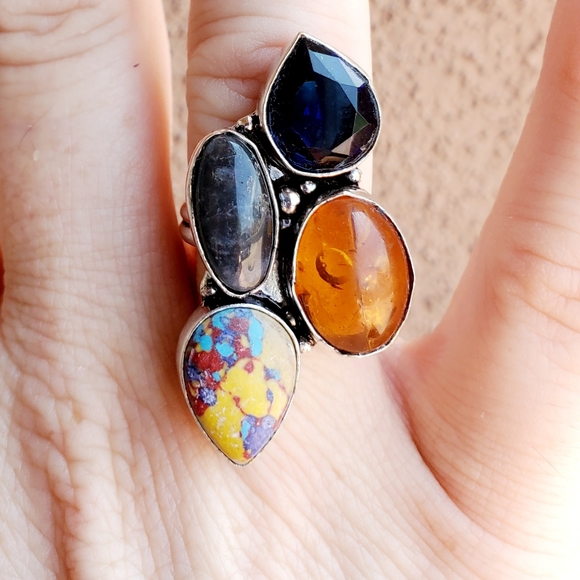 New Mosaic Jasper, Amber, Blue Topaz 925 Silver Ring. - Picture 6 of 7